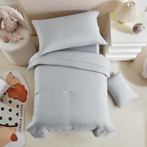 Image of Kids Comforter Sheet Set - Soft and Breathable Bed Set Includes Quilted Comforter, Fitted Sheet, Flat Top Sheet, Pillowcase and Toddler Pillowcase for Toddler - 5 Pieces Toddler Bedding Set Gray