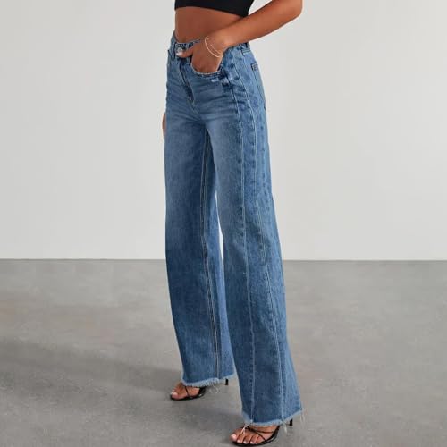 Wide Leg Jeans Woman Stretch Raw Hem Baggy Jeans Casual Loose Denim Pants with Pockets High Waisted Palazzo Pants2