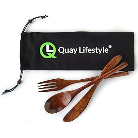 Quay Lifestyle® Bamboo Travel Cutlery - Enjoy Quiet Meal Times - Premium Quality - Reusable Wooden Knives Forks and Spoons - Eco Friendly Sustainable - Helps Sufferers of Misophonia and Hyperacusis Cover