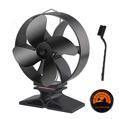 FEPITO Wood Stove Fan Wood Burner Fan with Stove Thermometer and Nylon Brush