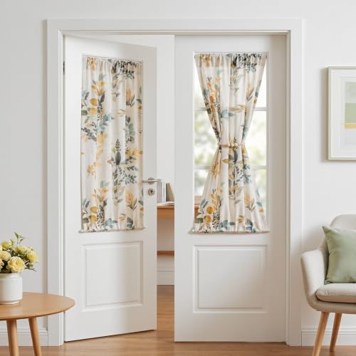 Image of MYSKY HOME Floral Linen French Door Curtains 40 inch Long 2 Panels for Front Door Light Filtering Privacy Semi Sheer Window Curtains with Rod Pocket, Yellow and Blue, 24 inch W Each Panel