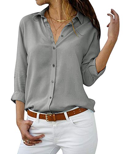 Yidarton Women's Long Sleeve V Neck Chiffon Blouses Tops Button Down Business Shirts(Gray,L)