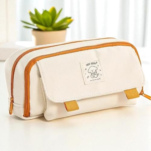 Image of Kawaii Cute Aesthetic Pencil Case for Girls & Boys | 3 Layer 6 Compartment Large Capacity Pencil Pouch with Zipper | Cartoon Stationery Organizer Bag for Students & Kids (So Cute - Creem)