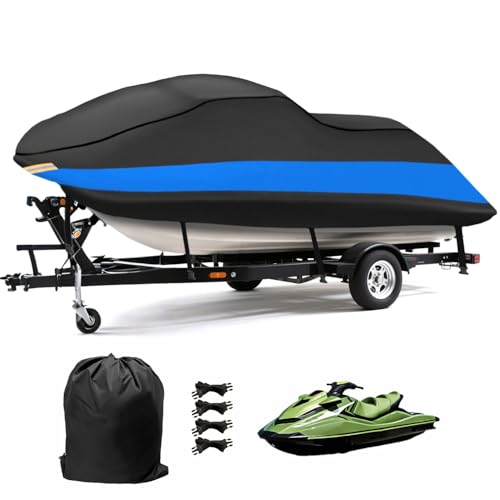 MORNYRAY Waterproof Jet Ski Cover - Heavy Duty Trailerable PWC Cover with Air Vents UV Resistant Compatible with Yamaha Seadoo K&S, Jet Ski Covers. (Blue, Fit from 115'-120' (1-3 Seater))