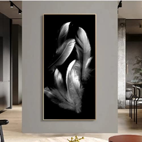 Affiche plume noire et blanche design abstrait pour décoration murale chambre à coucher