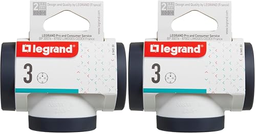 Legrand 694520, Adaptadores 2P+T, 3 Tomas de enchufes/Corriente Laterales, Ladron de enchufes, Color Blanco/Gris Oscuro (Paquete de 2)