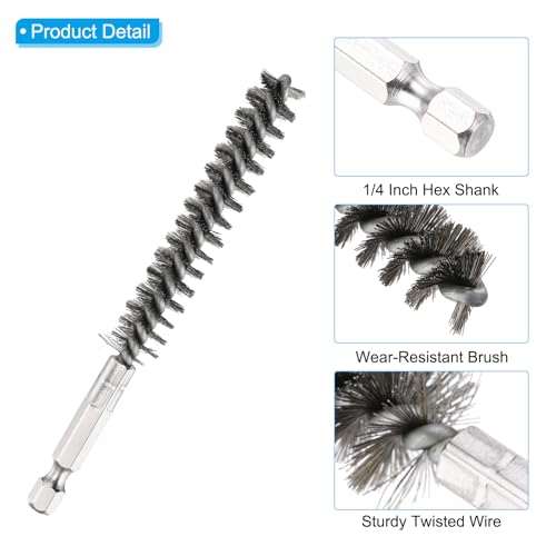 PATIKIL 10mm Dia Bore Brush, 4Pcs Stainless Steel Twisted Wire Cleaning Brush Pipe Cleaner with 1/4 Inch Hex Shank for Tubes, Ports, Bearings, Drill Driver, Silver Tone - Image 3