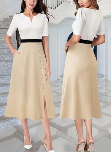 VFSHOW Women Pleated Notch V Neck Pockets Buttons Work Office Business A-Line Midi Dress2
