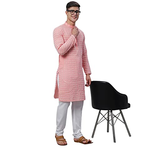 Image of SOJANYA (Since 1958 Men's Pure Cotton Blue Kurta with White Embroidery and White Pyjama Set