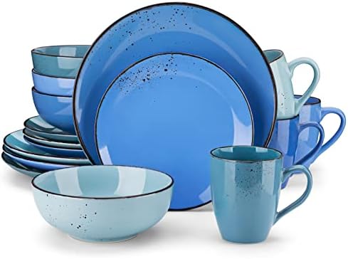 vancasso Navia Ceramic Dinnerware Set, 16 pieces Set of 4 Stoneware Spray Spot Patterned Service Dish with Dinner Plates, Salad Plates, Bowls, Mugs - Multi-Blue