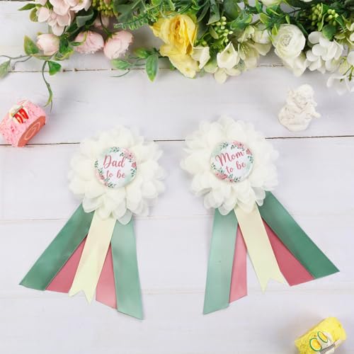 Image of Dusty Rose and Sage Green Baby Shower Maternity Sash Kit, Dusty Pink Gender Reveal Belly Belt and Mom To Be Dad To Be Corsage Pins, New Parent Pregnancy Announcement Photo Prop Party Supplies