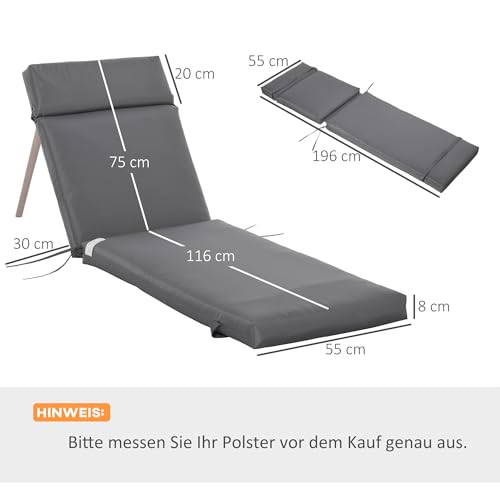 Outsunny 2er Set Auflage für Sonnenliege, Flammhemmend Liegenauflage mit Bänder für Gartenliege 8cm dick Polsterauflage Liegestuhl Kissen für Gartenmöbel, Deckchair 196x55x8 cm Dunkelgrau NUR Kissen