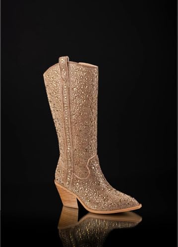 Xeyanfys Women'S Rhinestone Boots Wide Calf Cowgirl Boots Western Mid Calf Pointed Toe Boots Fashion Trendy Chunky Stacked Heel Sparkly Side Zipper Boots thumb #6