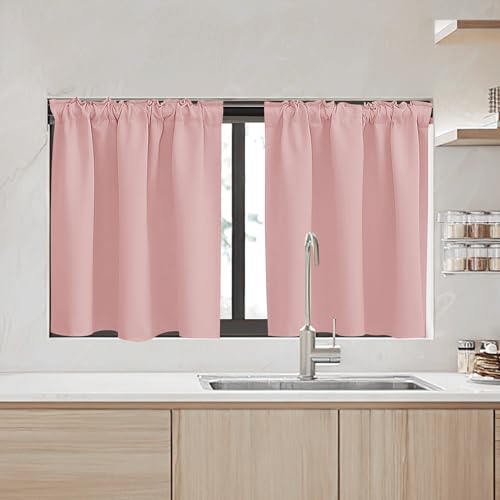 Image of RYB HOME Kitchen Window Curtains Over Sink - Blackout Insualting Privacy Curtains for Kids Bedroom Kitchen Bathroom Basement Cafe Cabinet Tiers Drapes, 34 Width x 30 Length, 2 Panels, Peach Blush