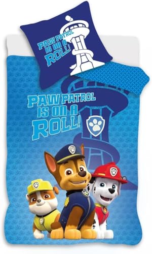 Parure de lit Paw Patrol bleu pour lit bébé | Housse de couette 100 x 140 cm + taie d'oreiller 40 x 45 cm | 100 % coton | Parure de lit douce et respirante...