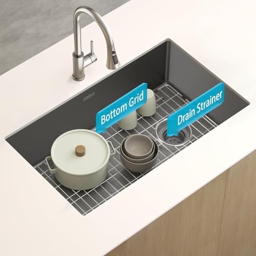 Image of 32 Inch Undermount Kitchen Sink, 304 Stainless Steel with Nano Coating, Single Bowl, Modern Design for Workstation, RV, Prep Kitchen & Bar, Drain Assembly Included, 32x19 Inch (Black)