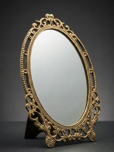 Image of Vintage Brass Table Mirror 9x6 Inch | Antique Finish Decorative Dressing Mirror with Stand | Handcrafted Solid Brass Frame for Home Decor & Vanity