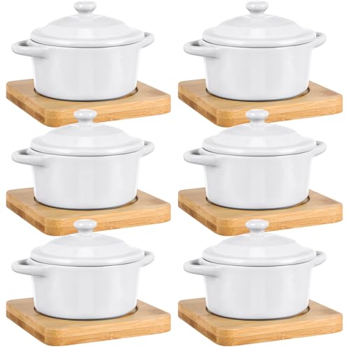 Mimorou Set di 6 mini cocotte in ceramica da 200 ml, con coperchio e base in legno, set di ciotole per zucca con manico, ciotole in ceramica per zuppe, pirottini, casseruole rotonde per la casa del