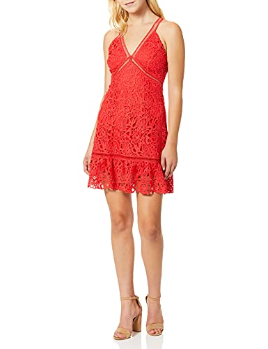 ASTR the label Women's Lattice Inset Sleeveless LACE FIT & Flare Short Dress, red/Orange, L