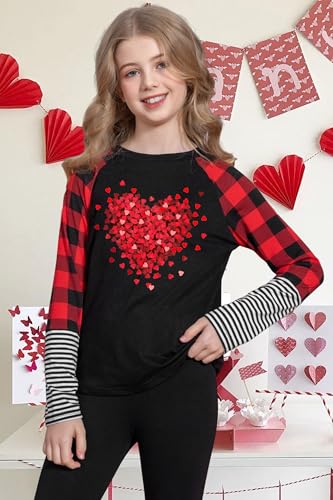 Image of LAZYCHILD Kids Valentine Shirt Girls Valentines Day Shirts Heart Graphic Long Sleeve Striped Tee Tops 5-14 Years