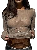 Remidoo Women's Glitter Metallic Sheer Mesh Tops Tight Long Sleeve Shirt Crewneck Sexy Tops Black Large