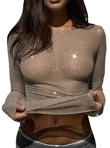 Remidoo Women's Glitter Metallic Sheer Mesh Tops Tight Long Sleeve Shirt Crewneck Sexy Tops Black Large