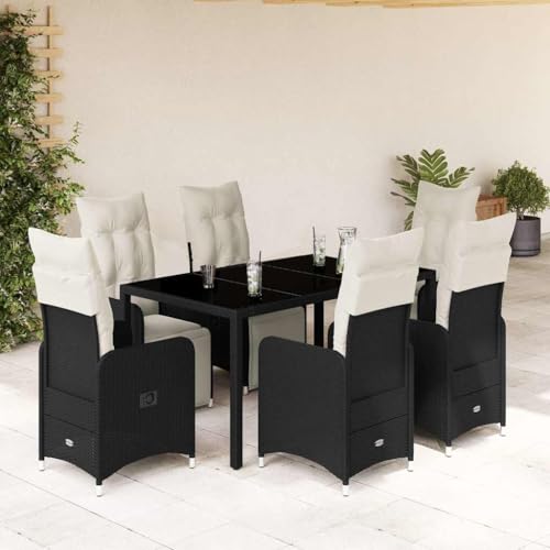 Mokuyary 7-TLG. Juego de muebles de jardín con cojines de polirratán negro, juego de muebles de balcón, resistente a la intemperie, para balcón, jardín y sala de estar, 150 x 90 x 75 cm, material