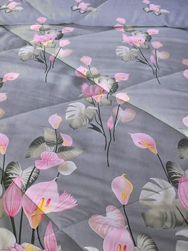 Image of HOMEKART 220 GSM Premium Reversible Microfiber AC Comforter for Single Bed | Soft, Lightweight & Breathable All-Season 3-Layer Quilted Blanket (150 cm x 225 cm, Floral, Grey and Pink)