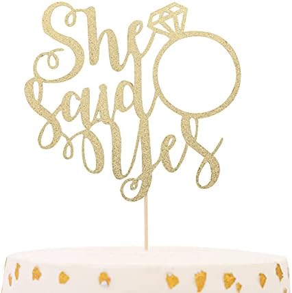 She Said Yes Cake Topper - Bridal Shower Engagement Decorations, Bride To Be/Proposal /Bachelorette Party Decorations,Glitter Gold Cake Topper