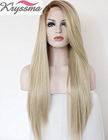 K'ryssma Ombre Fashion Blonde Women Lace Front Wigs 2 Tones Straight Synthetic Hand Tied Heat Resistant Fiber Hair