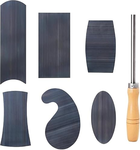 HERMIT TOOLS New Cabinet Scraper Cards and Cabinet Scraper Burnisher with 6 Piece Multi-Shaped Scraper Set 1 Oval 2 Double Convex/concave 1 Rectangle 1 Curved and 1 Gooseneck Scraper (HTCSCS07)