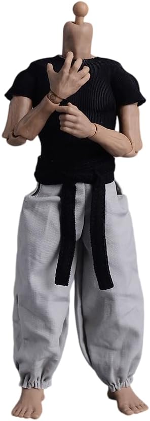 Fremego 1/12 Scale Male Clothes,Men's Tight Short Sleeves Pant Warrior Combat Suit Sport Clothing for 6inch Action Figure Body (Black Tops+Black Belt+White Pant)