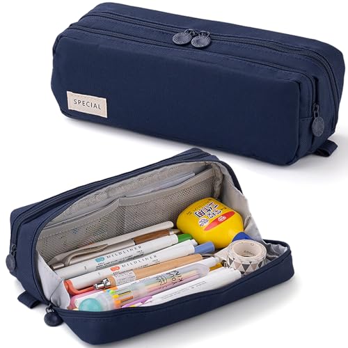 Image of Pencil Case Large Capacity Pencil Pouch Pen Bag with Extendable Big Compartment, Double Zipper Pencil Pouch School Office Stationery Organizer Bag for Girls Boys Teen Adults Men Women (Navy Blue)