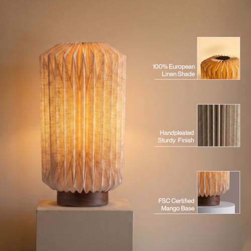 Image of FIG Living Mini Serenity Table Lamp | European Linen Lampshade with Mango Wood Base | Patented Design | Ideal Lamp for Living Room Decoration, Bedroom, Office | 2.5m Cord | Wedding Gift