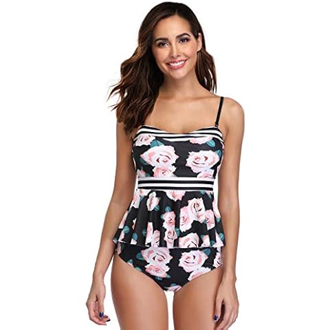 MARINAVIDA Women's Two Piece Bathing Suit Ruffle Top Retro Printed Tankini High Waist Swimsuit Tummy Control Swimwear - - Small Cover