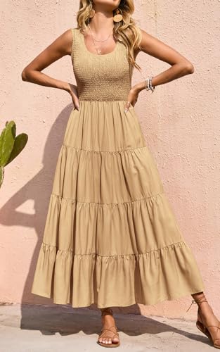 Image of PRETTYGARDEN Women's 2026 Casual Loose Plain Maxi Sundress Smocked Tank Dress Sleeveless Summer Beach Tiered Long Dresses