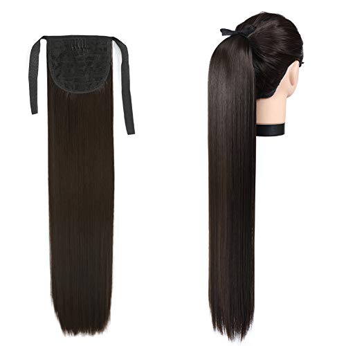 Rosa Star Straight Long Clip in Ponytail Hair Extensions Drawstring Clip Synthetic Pony Tail Hairpieces Heat Resistant Ponytail for Women 24inch (Dark Brown 4#)
