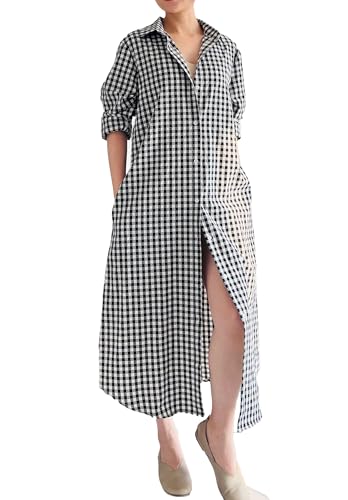 Minibee Women's Plaid Shirts Dress Button Down Long Sleeve Cotton Casual Blouses Dresses with Pockets