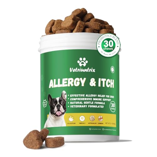 Vetriuntrix Dog Allergy Chews, Dog Allergy Relief Chews Coat Supplement for Itchy Skin Paw Licking, Probiotics for Dogs with Colostrum Omega-3 Turmeric Immune Supplement-30ct