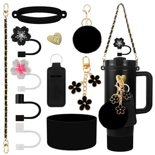 Velaco 11 PCS Accessories for Stanley Cup, Water Bottle Handle Strap for Stanley 30/40 oz tumbler with handle, including Straw Toppers, Silicone Cup Boot, Keychain Charms - Black