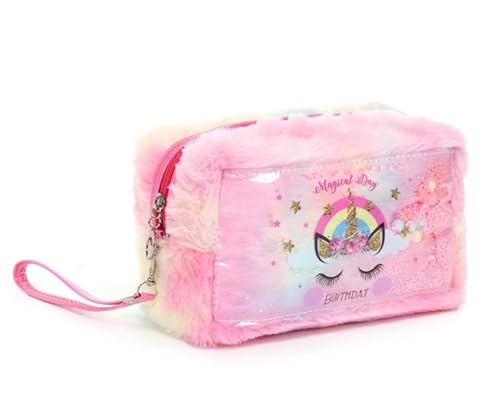 Mochila Escolar Infantil Feminina com Estojo e Ursinho, Design Fada e Unicórnio, Rosa e Lilás. (Rosa
