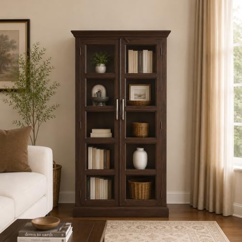 Image of The Attic Havenwood Wooden Bookshelf and Crockery Cabinet with Glass Door | Wooden Book Rack for Home Library, Study Room | Bookshelf Crockery Unit for Home & Kitchen Living Room | Walnut Finish