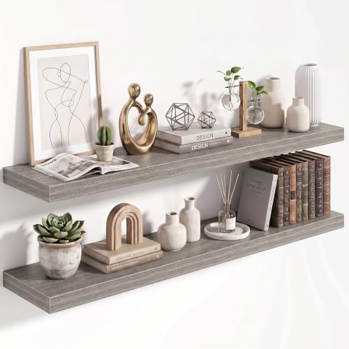 36" Floating Shelves for Wall, Wooden Wall Mounted Shelf, Set of 2, Grey