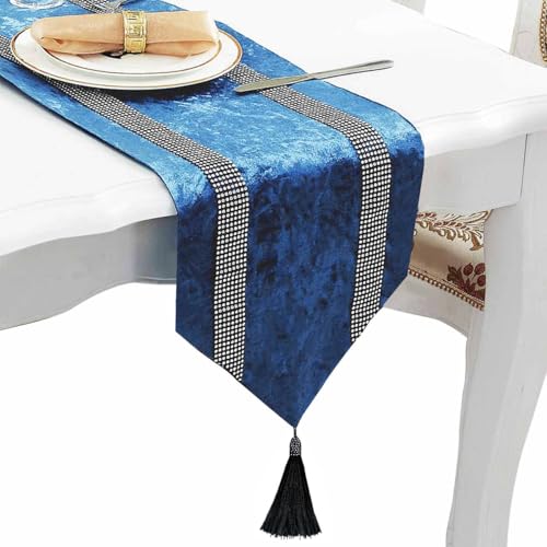 Jiino 13 x 120 Inches Blue Table Runners with Double Diamante Strip and Tassel, Dresser Runner for Home Kitchen Party Wedding Dining Table Decorations by Jiino - Used condition - US$20.82