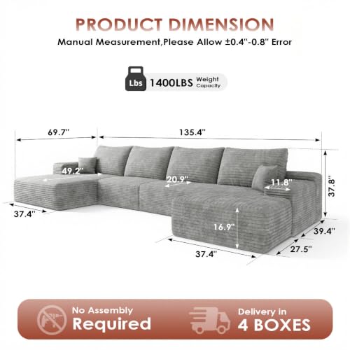 Image of Boneless Couch, Modular Sectional Couches for Living Room, U-Shaped Cloud Couch Sofa with Deep Seat, Fluffy Corduroy Upholstered Corner Sofa