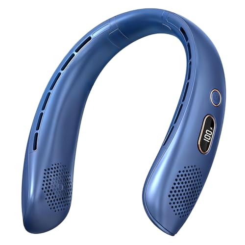 Image of VEKK Neck Fan, Portable Bladeless Fan, 6000mAh Battery USB Rechargeable, LED Display, 360 Cooling Wearable Personal Fan, 3 Speeds, Quiet, Hands Free Neck Fans for Travel, Outdoor, Camping- Blue