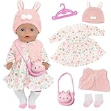 6 Stück Puppenkleidungsset für 35-43cm Babypuppen Süße 14-17 Zoll Puppenoutfits mit Kleid Weste Plüschmütze Hasen-Tasche Socken Kleiderbügel Neue Puppen zubehör Geburtstagsgeschenk für Mädchen Jungen