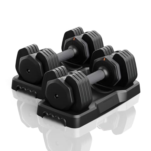 Moziel Mancuernas Ajustables 5 en 1 con Base, 11 kg/24,5 kg Pesas y Mancuernas Ajuste Rápido de 2 a 24,5 kg, Ahorran Espacio, Ideal para Entrenamiento en Casa o Gimnasio (2 x 11 Kg - Negro)
