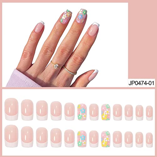 Short Press On Nails White Flowers False Nails Spring Summer Artificial Glossy Fake Nails For Women Medium Acrylic French Nail Spring Summer With Adhesive Tabs 24 Pcs #TOP1