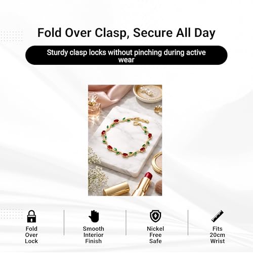 Image of VIEN Rose Vine Bracelet for Women | 14K Gold Plated Brass, Red Cubic Zirconia & Emerald Stones | Floral Link Design for Anniversaries, Birthdays & Festive Gifting | Fold Over Clasp, 20cm
